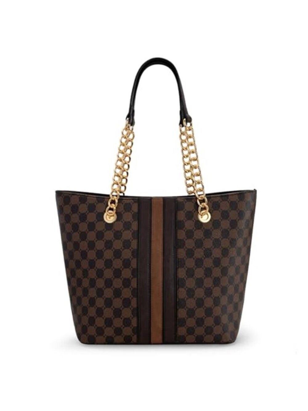 Women Tote Bag Brown Faux Leather Chain Handle Large Capacity Vegan Purse